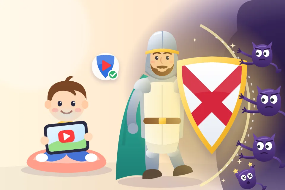A friendly knight shields a child watching cartoons