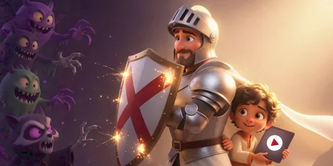A knight faces cartoon monsters with his shield, keeping a child safe behind him
