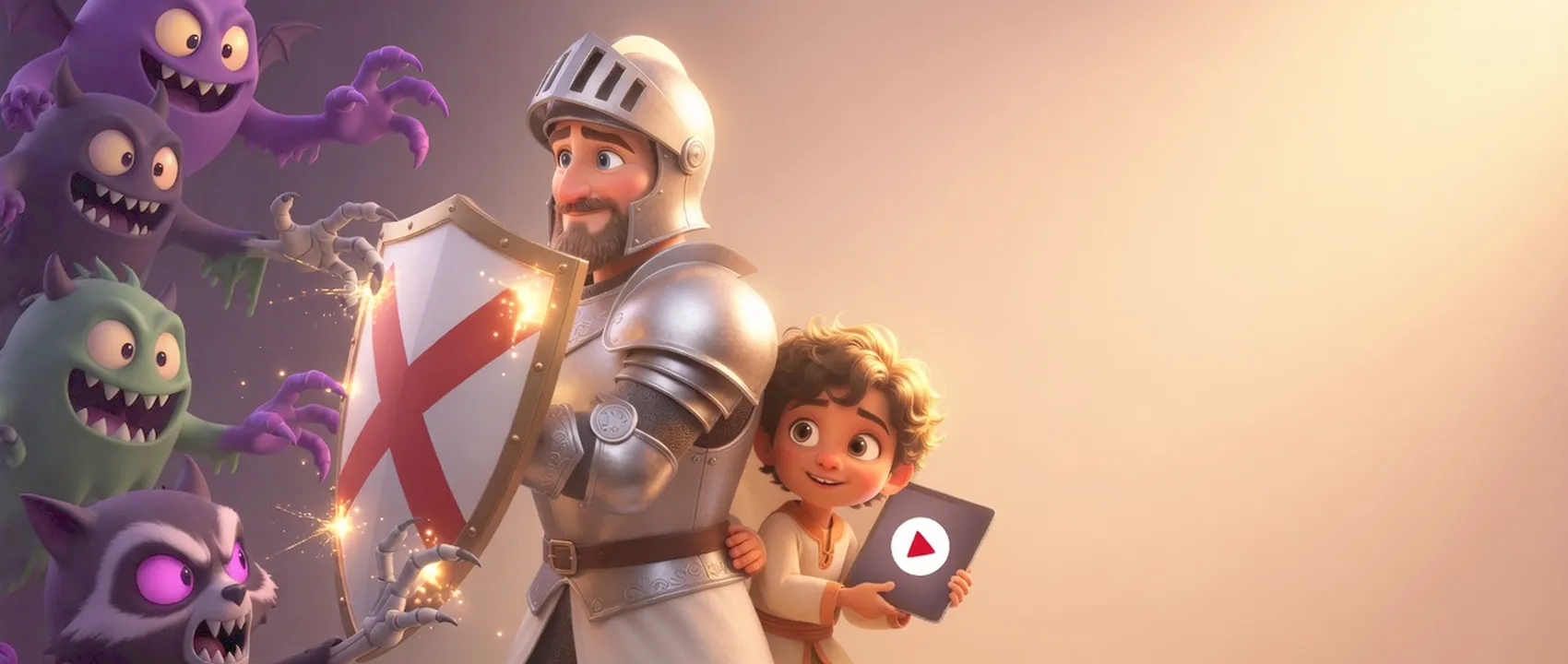 A kind knight faces cartoon monsters with his shield, keeping a child with a tablet safe behind him