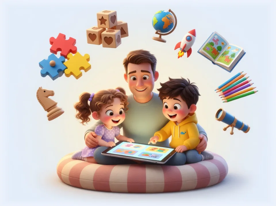 A dad and his kids play learning games together on a tablet
